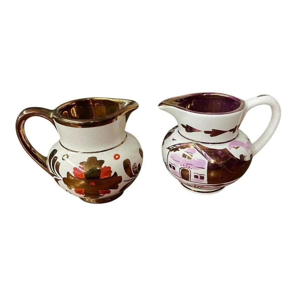 Vintage Gloucester, England Lustreware Creamer Set 2‎ Souvenir Milk Jugs